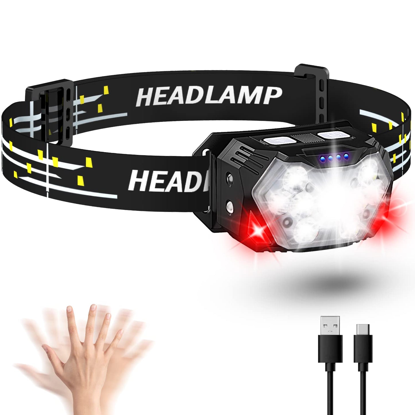 Eirnvop 2000LM Ultra Bright 9 LED Headlamp, USB C Rechargeable Headlight, 10 Modes, Waterproof Motion Sensor Head Lamp Flashlight with White Red Light, Adjustable Headband for Adults Outdoor Hiking