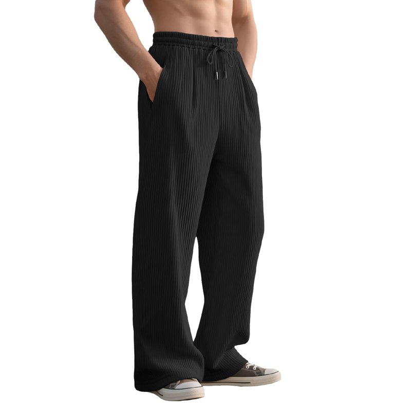 Quskc Men's Baggy Sweatpants Straight Leg Open Bottom Corduroy Pants Casual Drawstring Waist Joggers with Pockets Black