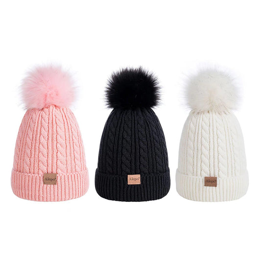 Kids Winter Beanie Hat, Children's Warm Fleece Lined Knit Thick Ski Cap with Pom Pom for Boys Girls (Black&Pink&White)