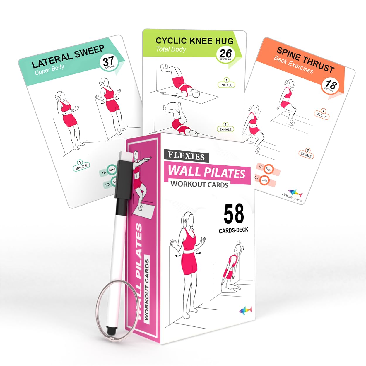 Wall Pilates Workouts For Women - 58 Exercise Cards with Wall Pilates Workout Postures, Instructions & Breathing Tips | Free Ring & Dry-Erase Marker to Create a Customize Wall Pilates Exercise Chart