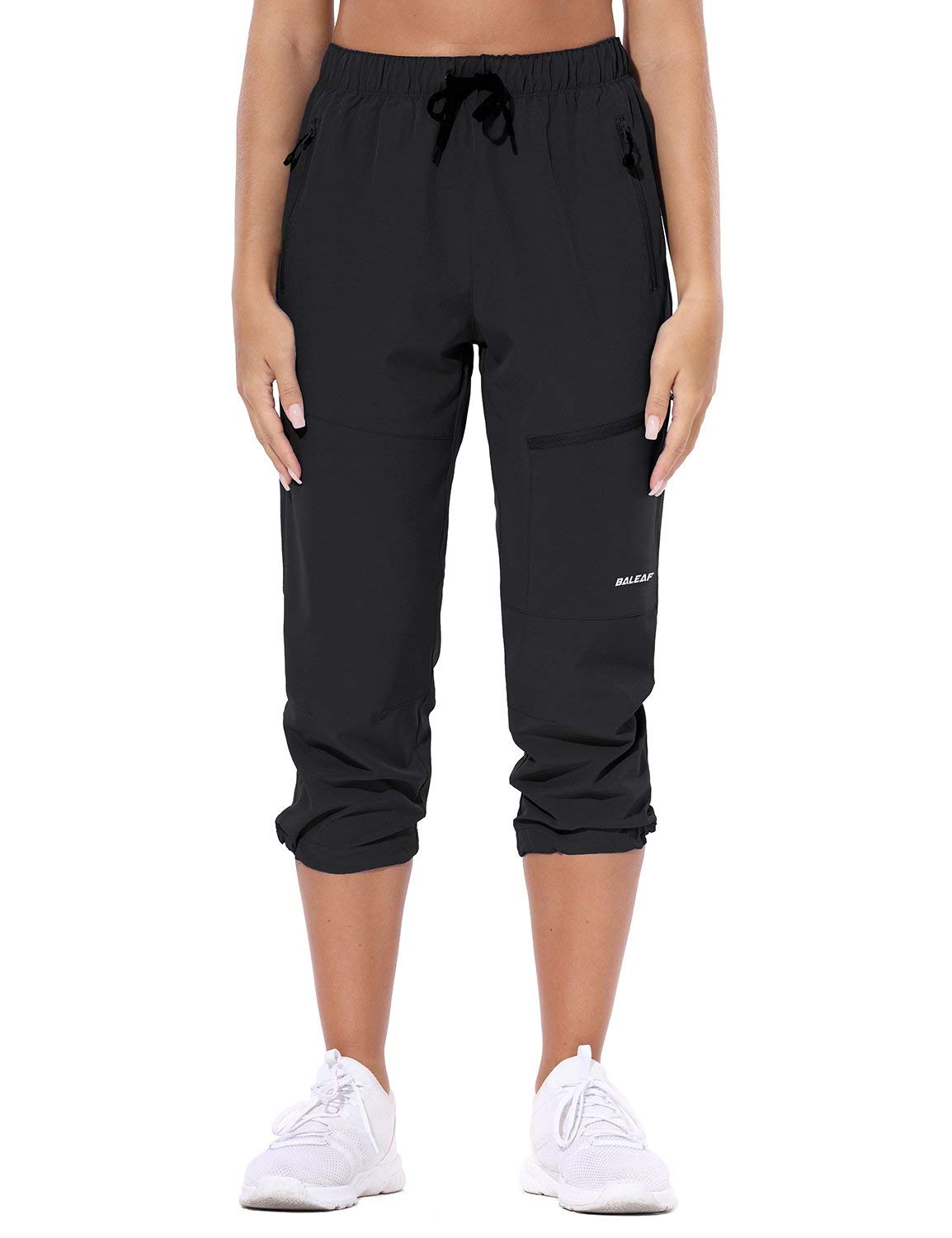 baleaf Women's Hiking Cargo Capris Outdoor Lightweight Water Resistant Pants UPF 50 Zipper Pockets Black Size L