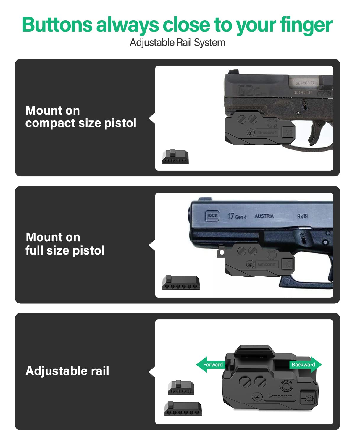 Gmconn Blue and Green Dual Laser Sight for Pistol with a Rail, Low Profile Blue Green Beams for Full Size or Compact Guns, Rechargeable, (Laser Output <5mW, Class IIIA)