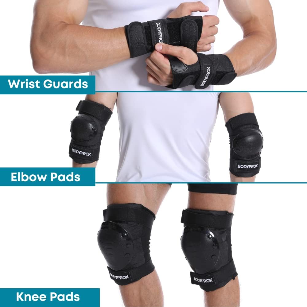 BODYPROX Knee Pads, Elbow Pads & Wrist Guards Set - Protective Gear for Inline Skating, Skateboarding & BMX