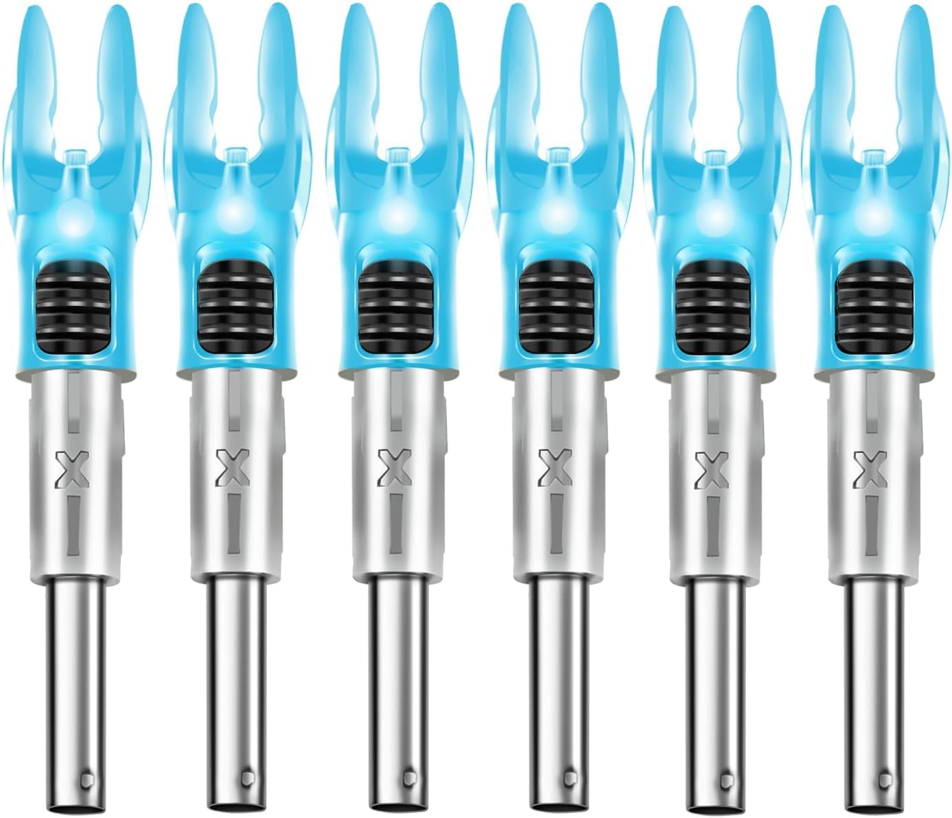 DEEPOWER 6 Pack X Lighted Archery Nocks for Arrows .204 Inside Diameter Lighted Arrow Nocks for 5.2mm Arrows Shafts with ON/Off Switch (Blue)