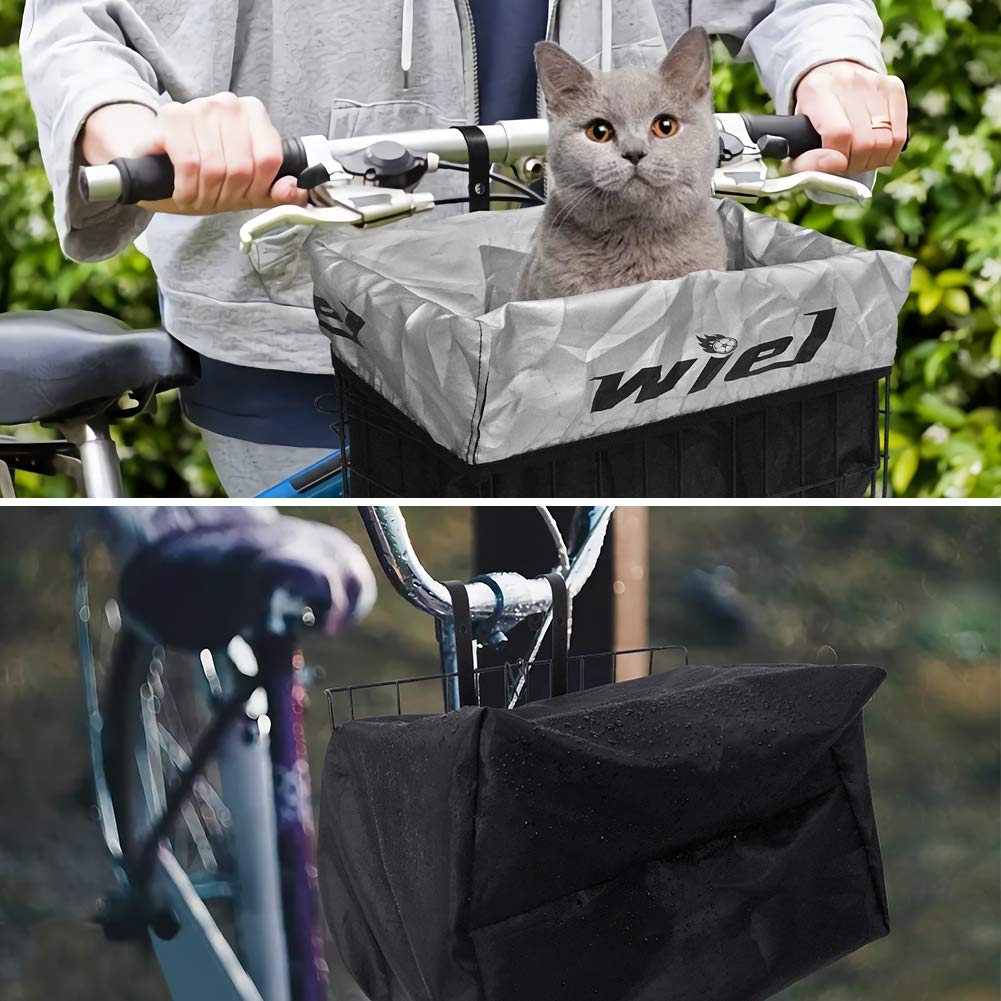 Wiel Bike Basket with Black Liner Rainproof Cover, Folding Steel Bicycle Basket Easy Install to Front Handlebar or Rear Rack, Heavy-Duty Metal Wire Bearing 33 lbs for Commuter Grocery Shopping Picnic