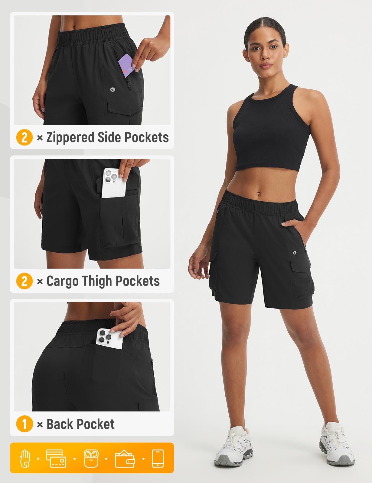 baleaf Women's 7'' Hiking Shorts with Zipper Pockets Quick Dry Lightweight Water Resistant Elastic Waist Cargo Shorts Outdoor Black L