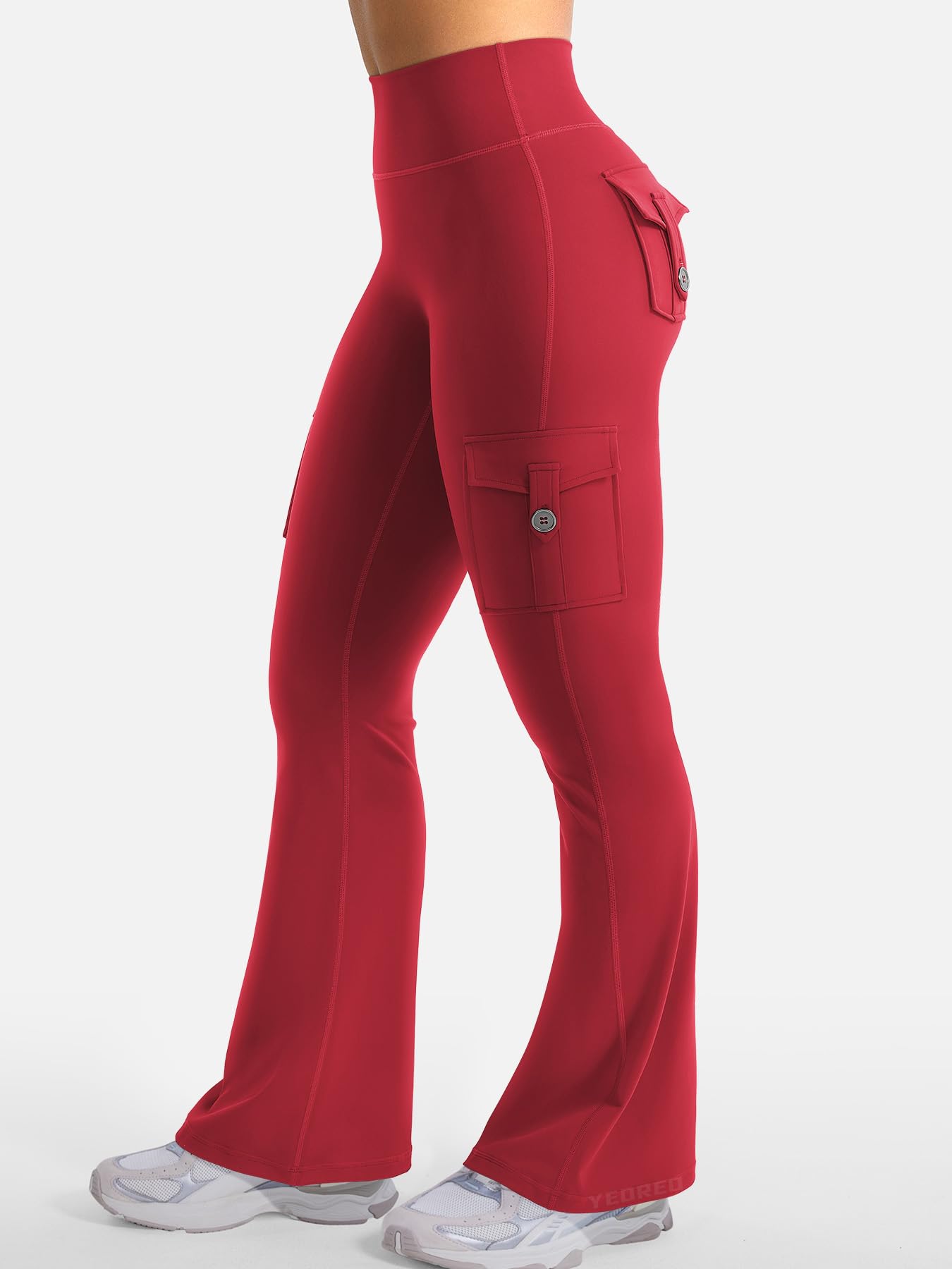 YEOREO CoreFlex Women Workout Flare Leggings with Pockets Hidden Scrunch High Waisted Cargo Gym Yoga No Front Seam Leggings 30" Inseam Red S