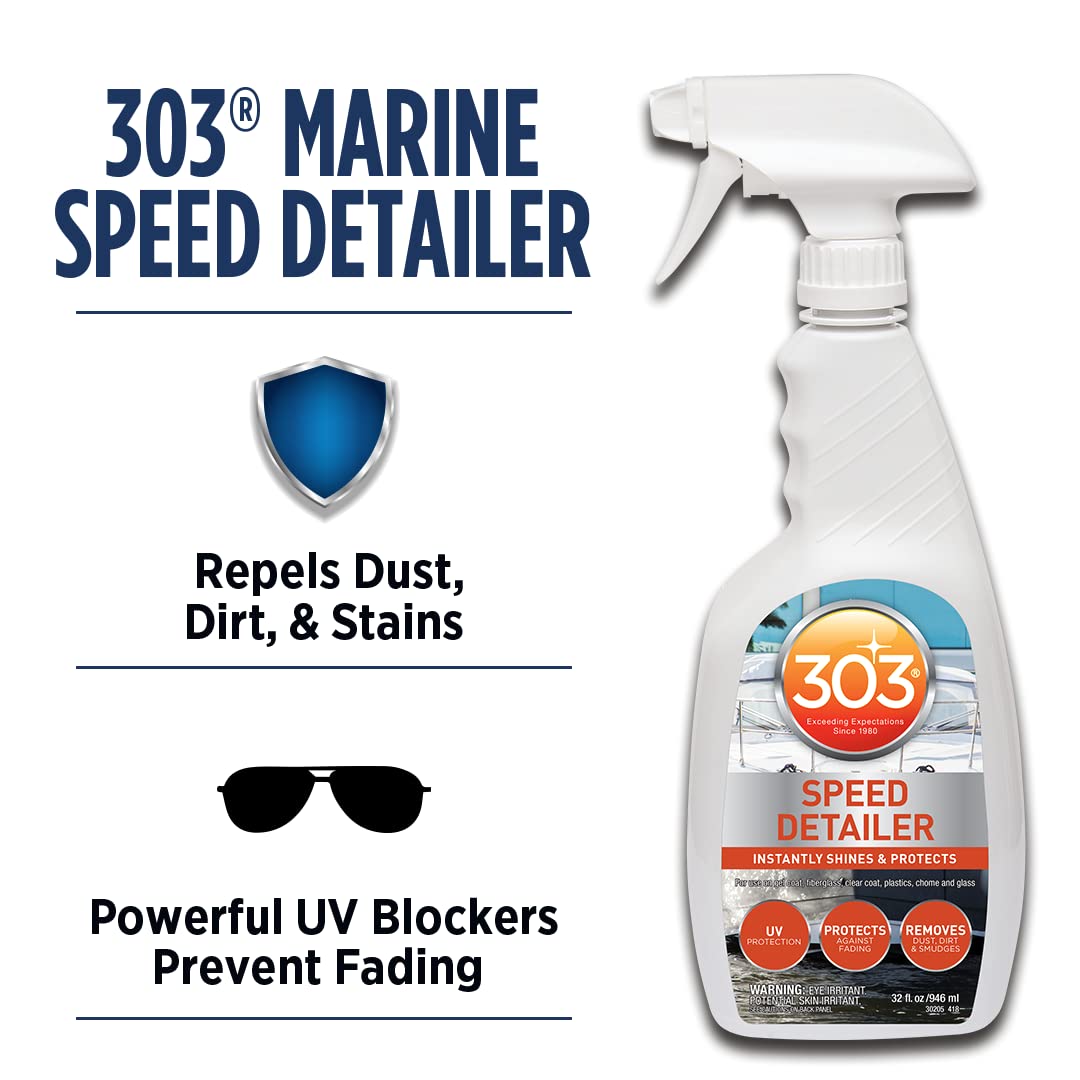 303 Products Marine Speed Detailer - Instantly Shines And Protects - UV Protection - Protects Against Fading - Removes Dust, Dirt, And Smudges, 32 fl. oz. (30205)Packaging May Vary, White