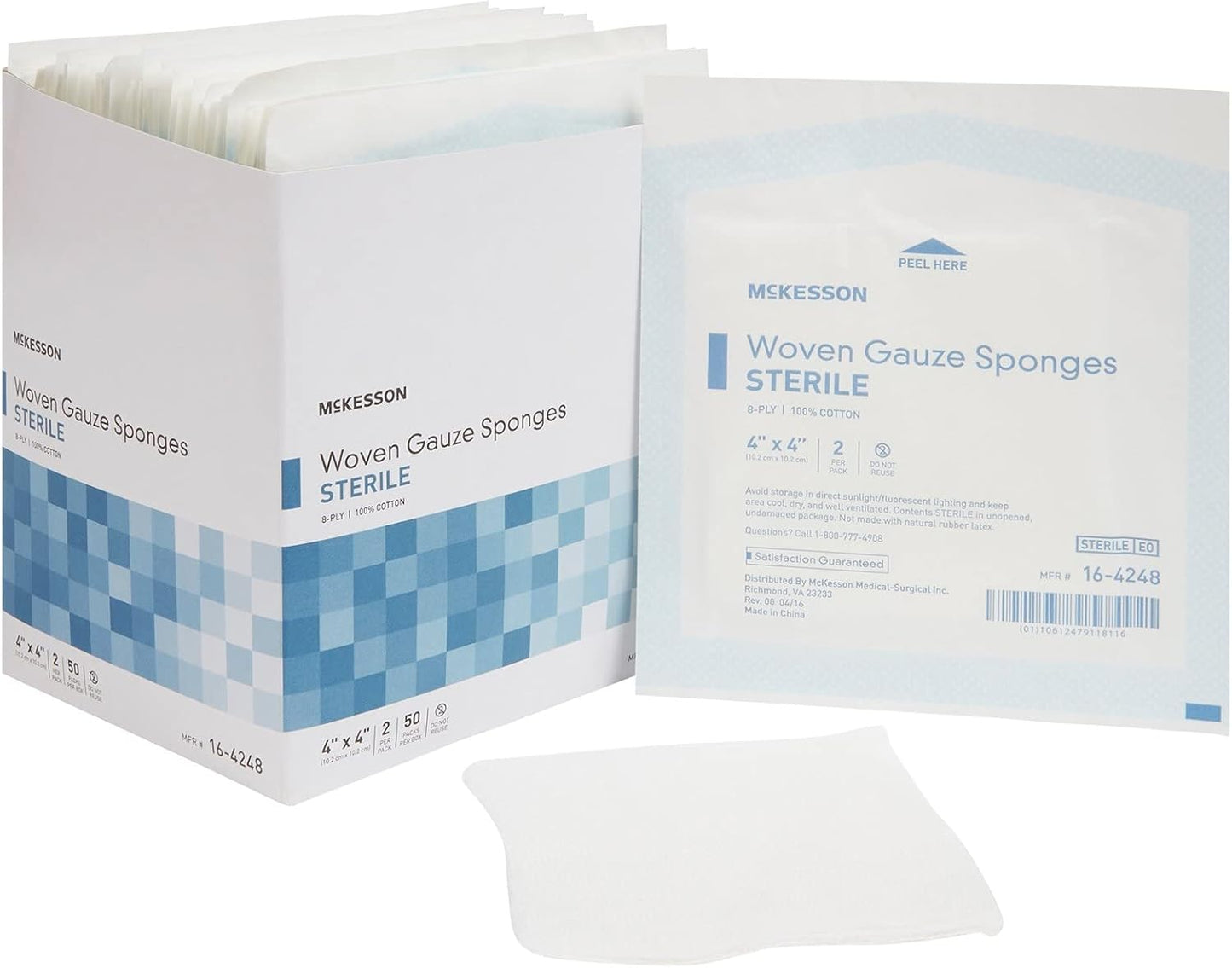 Woven Gauze Sponges - Sterile 8-Ply 100% Cotton | 4 in x 4 in, 50 Packs of 2 (100 Total)
