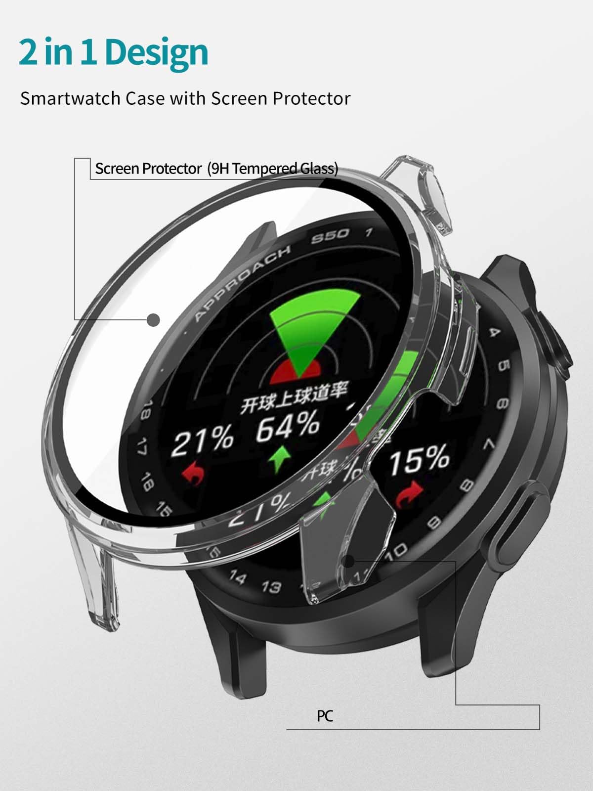 NOUKAJU 2pack Case for Garmin Approach S50, Protective Cover Smart Watch,Built-in 9H Tempered Glass Film, Hard PC,Easy to Install,Screen Protector for Garmin Approach S50(Black+Clear)
