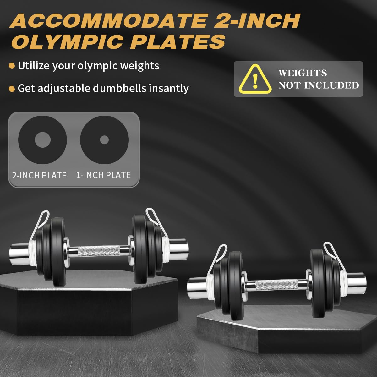 16" Olympic Dumbbell Handles, Pair Loadable Dumbbell Bars for 2-inch Weight Plates with Rotating Sleeves & 4 Spring Collars, Home Gym Strength Training (Silver)