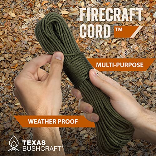 Texas Bushcraft Firecraft Cord - Utility Paracord Survival Rope, Parachute Cord for Survival Gear – 3 Extra Strands for Emergency Preparedness Fishing, Sewing and Tinder (Army Green, 25 ft)