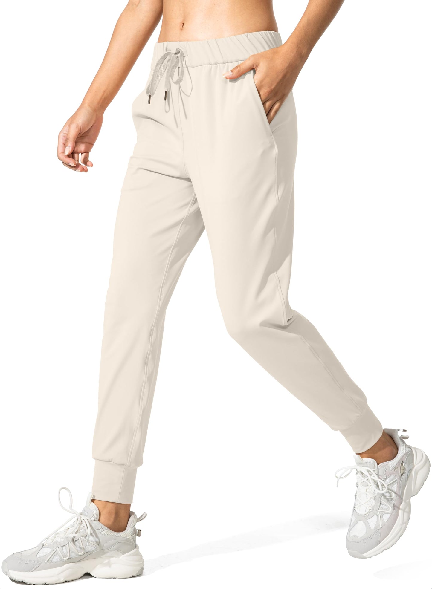 SANTINY Joggers for Women Lightweight Running Drawstring Sweatpants Workout Travel Yoga Athletic Womens Lounge Pants with Pockets(Beige_L)