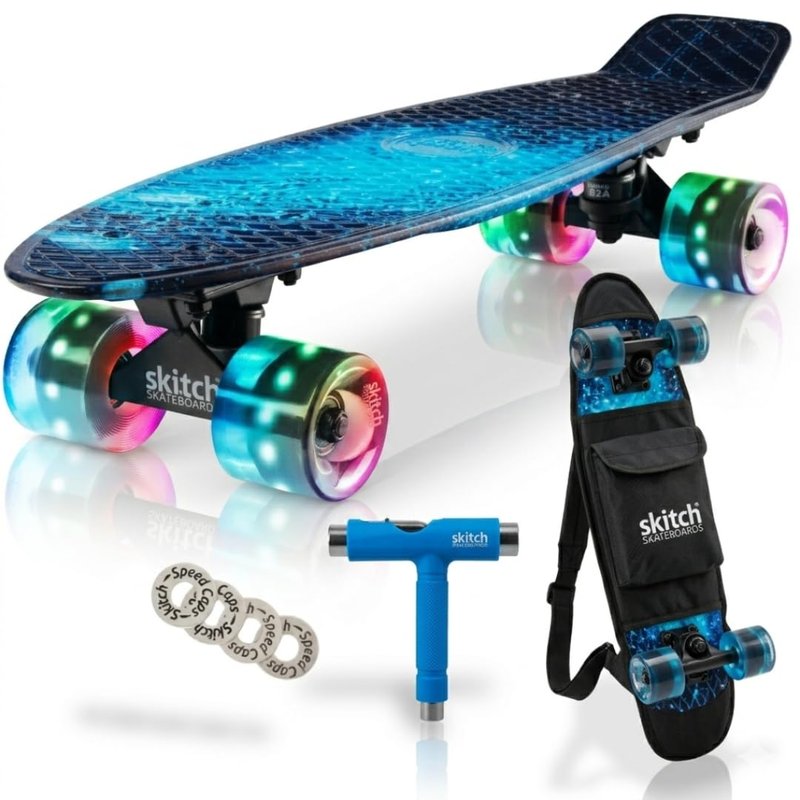 SKITCH Complete Skateboards for Kids Ages 6-12 Beginners Boys Year Old Children Youth Gift Set 22 Inch Penny Board Mini Cruiser ABEC 9 Bearings Skateboard Backpack Bag Skate Tool (Blue Galaxy LED+)