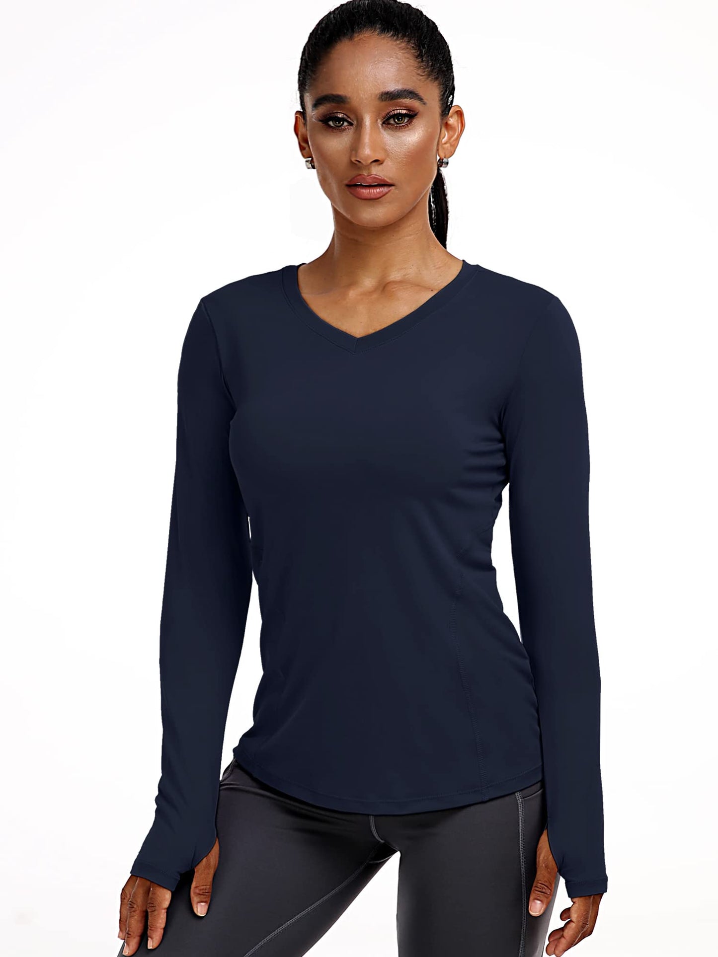 CADMUS Women's V-Neck Workout Shirts Long Sleeve Yoga Top Athletic Running T Shirt,Black, Grey, Navy Blue,Medium