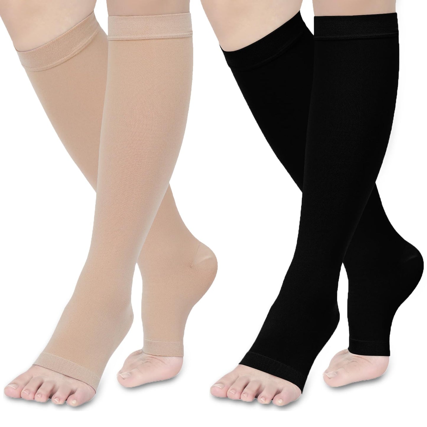 Ktinnead Compression Socks for Women and men 20-30 mmhg, Knee High Graduated Compression Stockings, Opaque, Open Toe, Unisex, Beige & Black, Medium