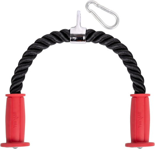 Yes4All Deluxe Tricep Rope Cable Attachment 27 inch, Exercise Machine Attachments Pulley System Gym Pull Down Rope with Carabiner, Red Black - Big handle