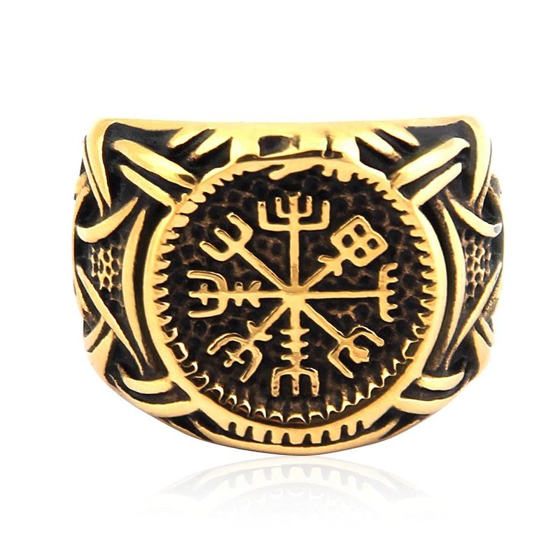 BaviPower Viking Vegvisir Norse Compass Ring Stainless Steel Goldtone Accessory Guardian Protection Amulet