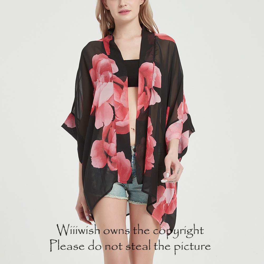 Womens Bohemian Floral Sheer Chiffon Kimono Beach Bikini Cover up Cardigan Capes Tunic