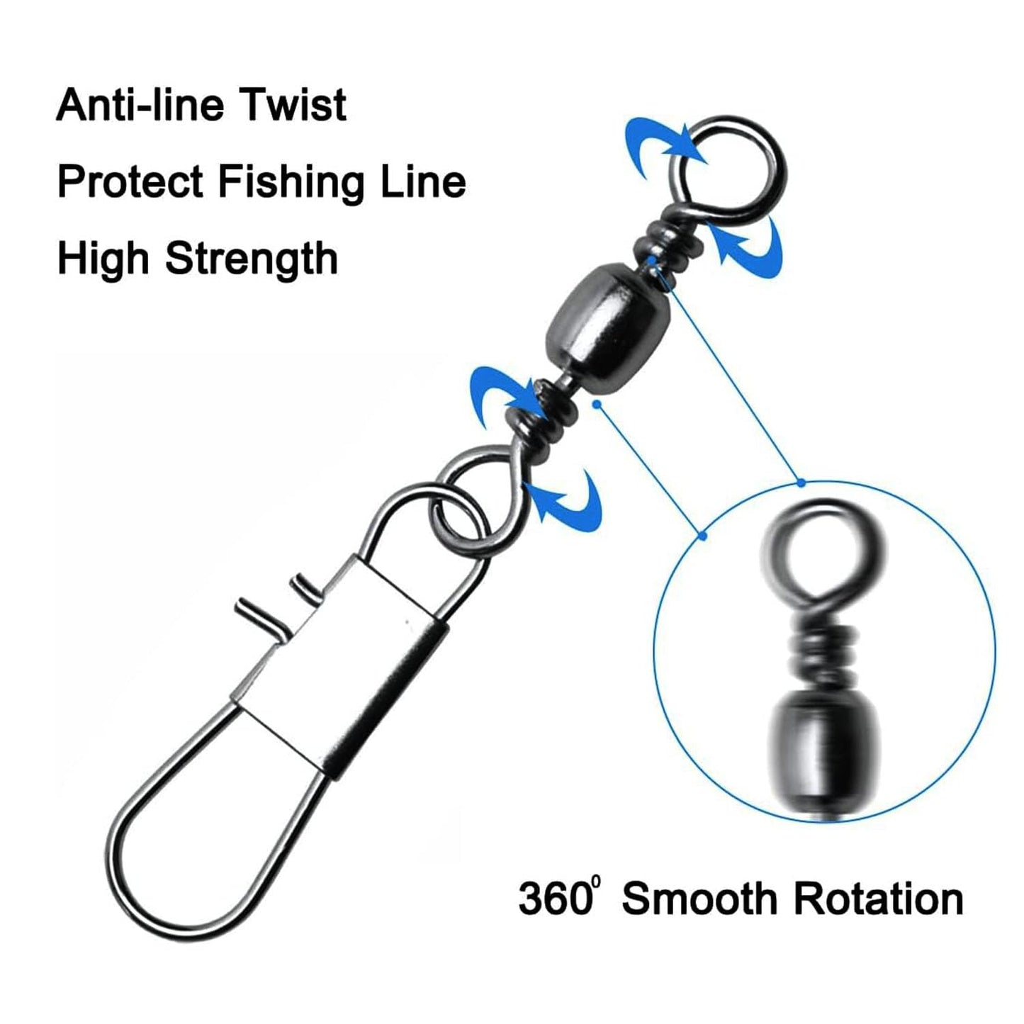 ENERHIKE Fishing Barrel Swivel with Safety Sanp, 50pcs Stainless Steel Fishing Snap Swivel Saltwater High Strength Interlock Sanp Swivel Freshwater Lure Line Connector #1/0