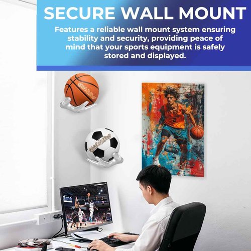 Wall-Mounted Left & Right Hand Sculptured Ball Holders – Basketball, Volleyball, Soccer & Football Display – Sports Room Decor, Basketball Wall Mount for Man Caves & Memorabilia Showcase - White