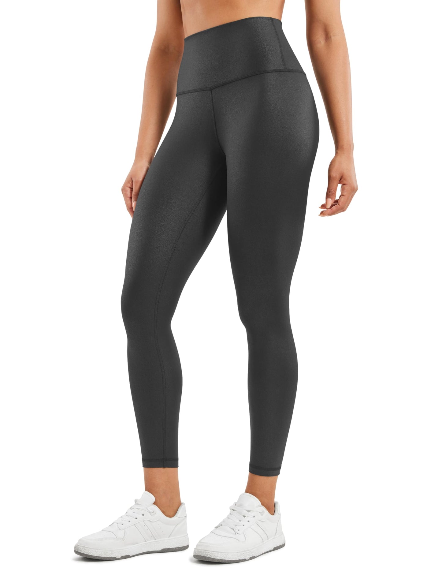 CRZ YOGA Matte Faux Leather Leggings 25" - Butterluxe High Waisted Stretch Ankle Leather Pants for Women Pleather Tights Faux Leather Black Foil Medium