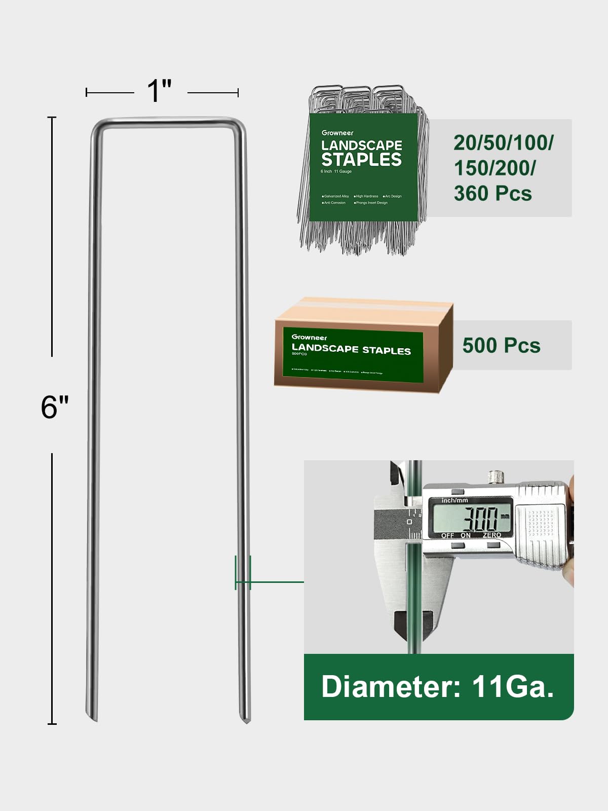 GROWNEER Landscape Staples 6 Inch, 100 Pack 11 Gauge Yard Stakes for Weed Barrier Fabric, Holds Lawn Edging, Secures Irrigation Tubing, Galvanized Steel Garden Spikes
