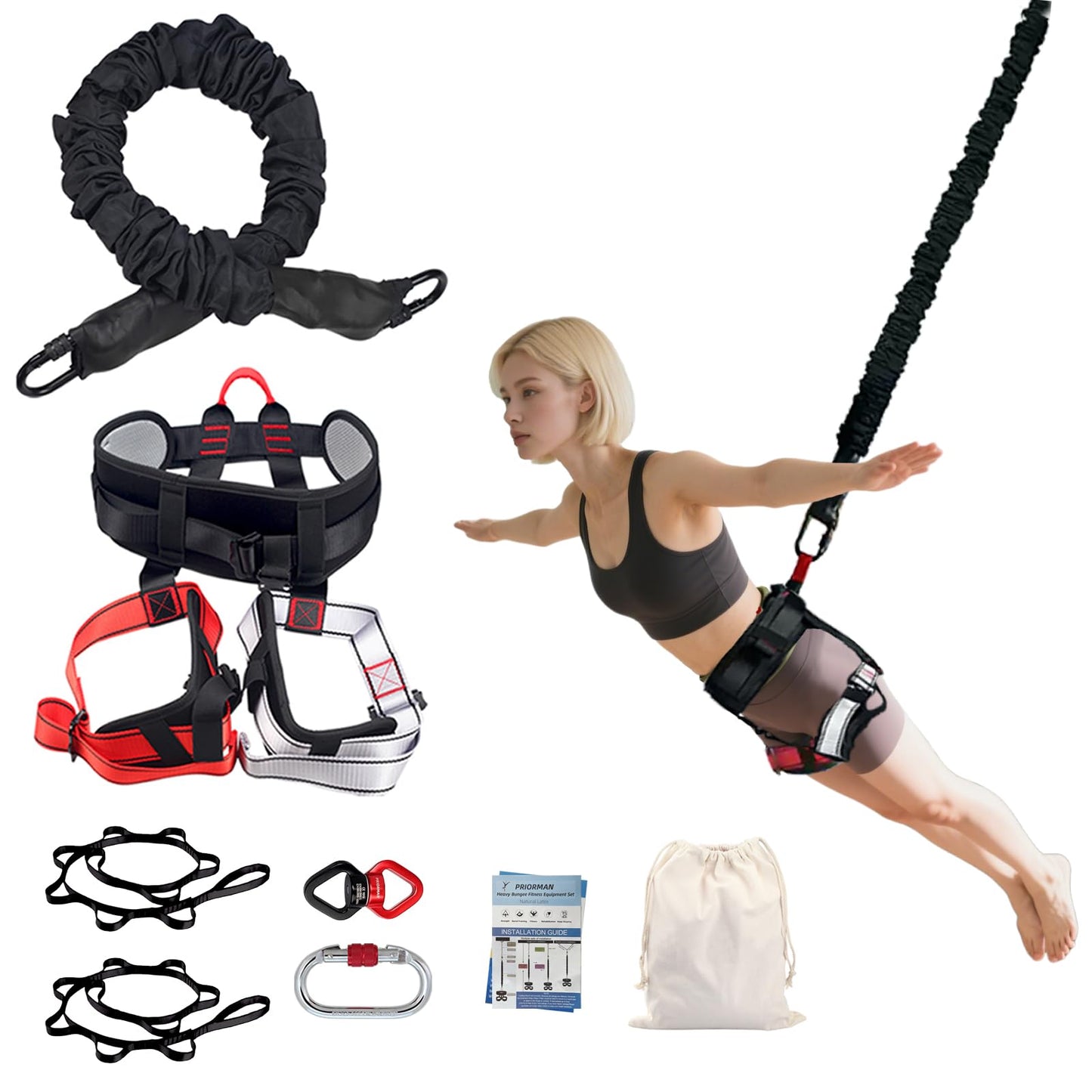 PRIORMAN Professional Bungee Dance Fitness Kit, 6 Sizes, CE Certified Complete Harness Set with Resistance Band & Hanging Hardware for Suspension Training Home & Studio(XS)