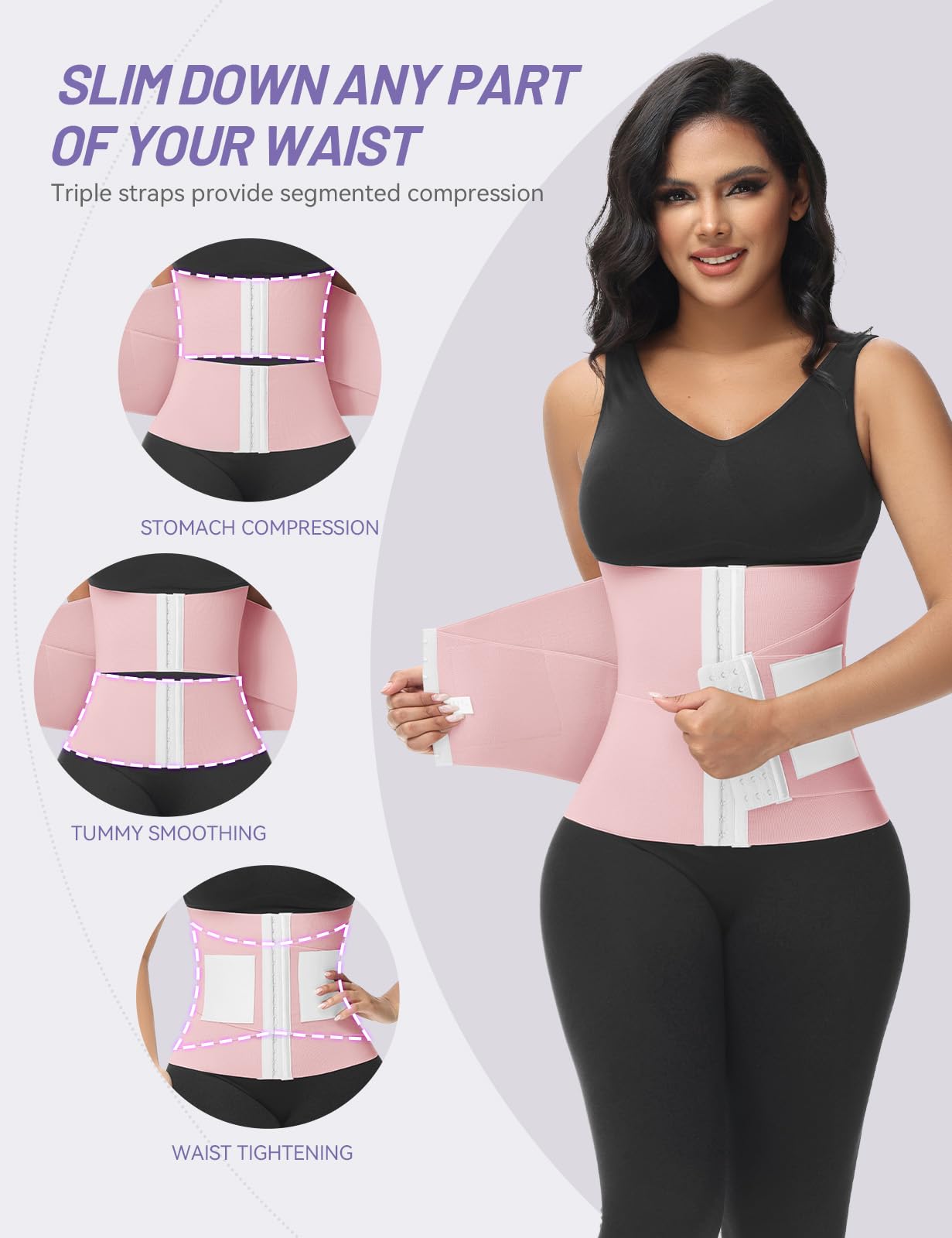 SHAPSHE Waist Trainer for Women Workout Waist Cincher Trimmer Belly Belt Segmented Tummy Control Body Shaper Triple Wrap Pink S