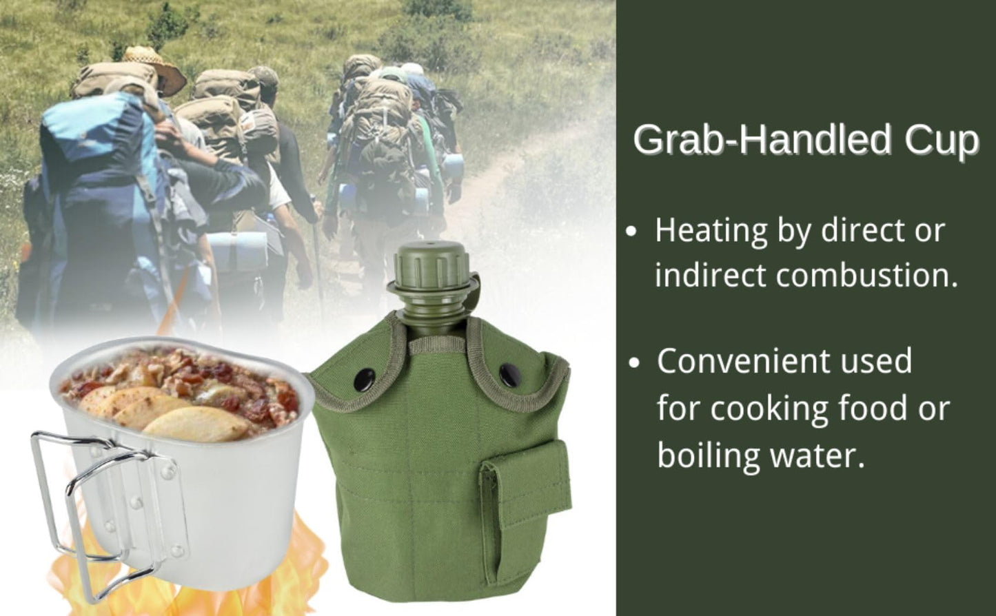 BeGrit Military Canteen Army Canteen WWII US G.I. Style Canteen Kit with Aluminum Cup Stainless Steel Foldable Spoon Fork for Hiking Backpacking Camping, 1 Quart Green