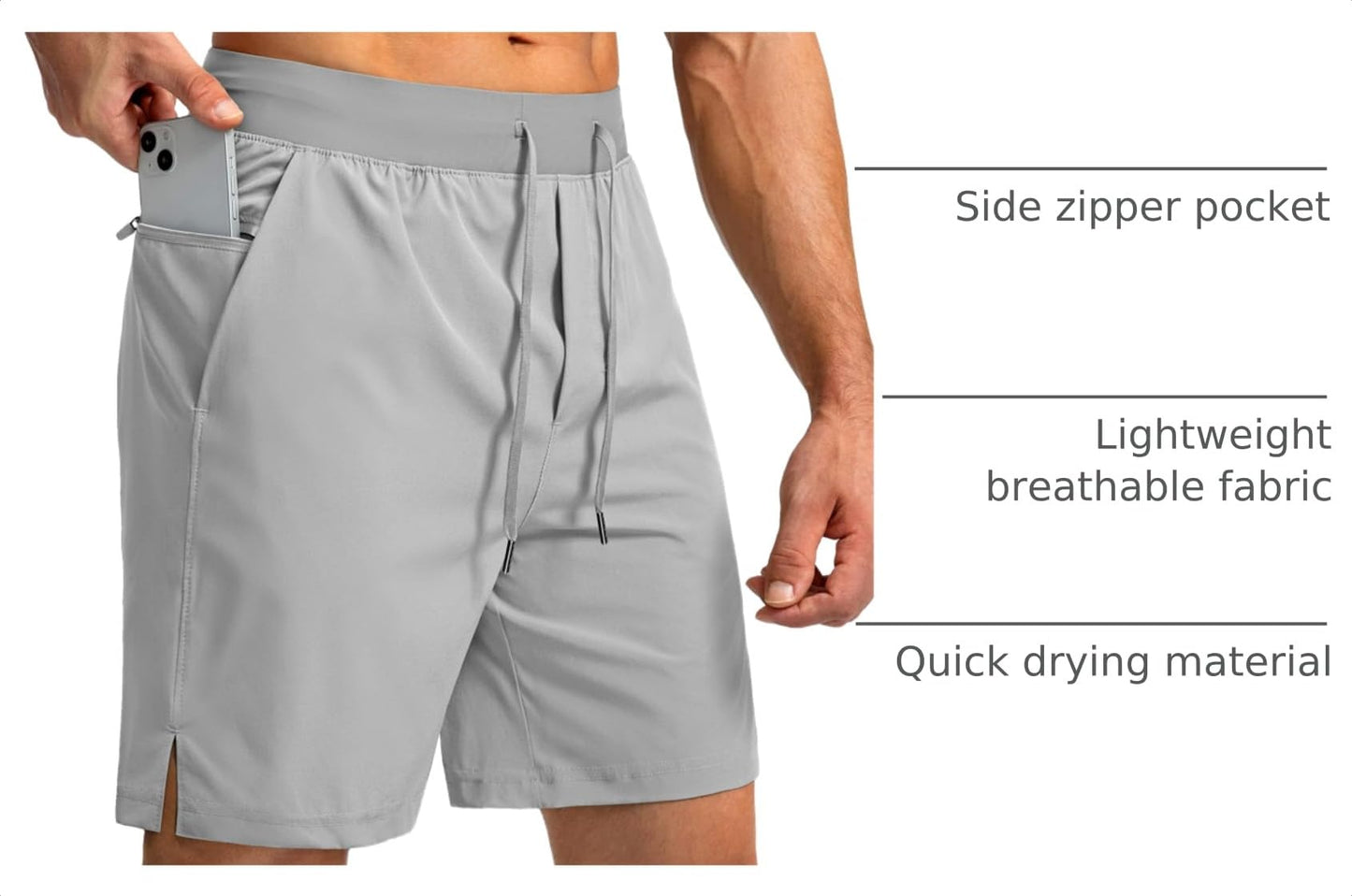 Soothfeel Men's Running Shorts with Zipper Pockets 9"/ 7"/ 5" Lightweight Quick Dry Basketball Gym Workout Athletic Shorts for Men (Light Grey, XXL)