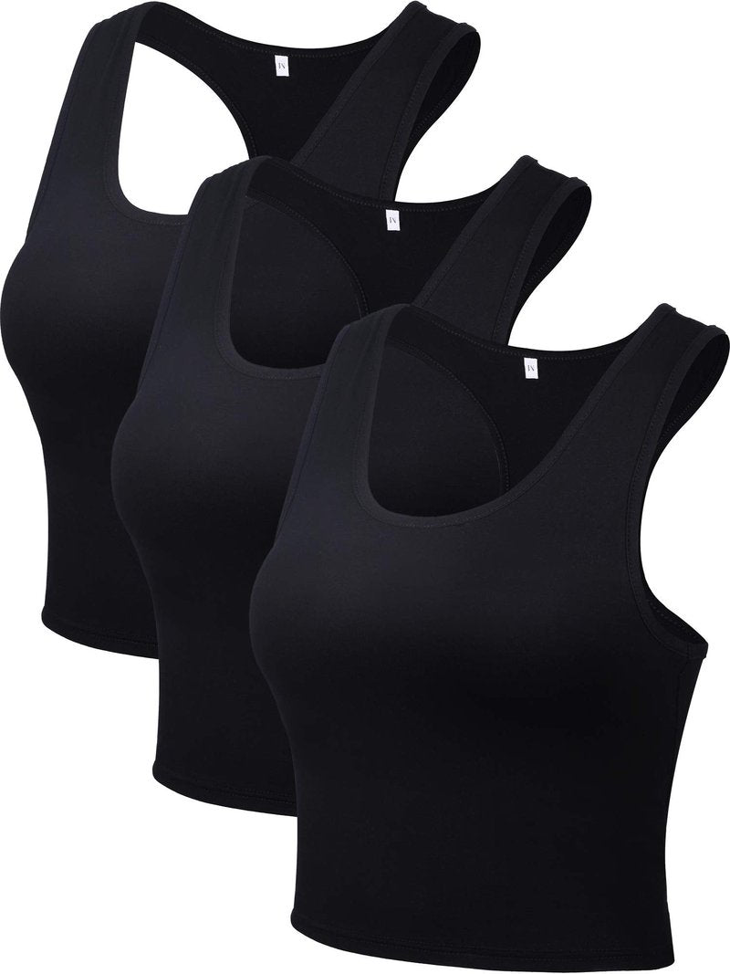 3 Pieces Crop Tops for Women, Workout Tops Basic Cropped Tank Tops Sleeveless Racerback Sports Gym Crop Tank for Teen Girls (,) Black