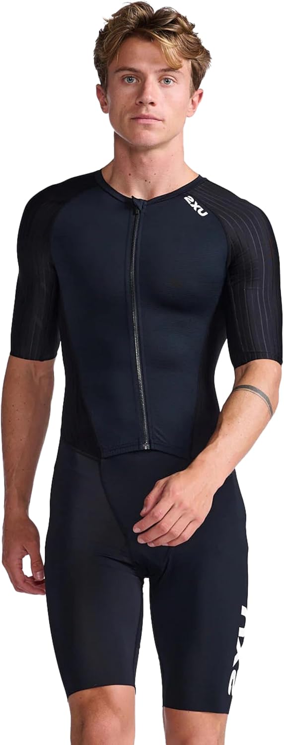 2XU Men's Trisuit - Aero Sleeved Front Zip Triathlon Suit for Enhanced Muscle Support | Size M-XL