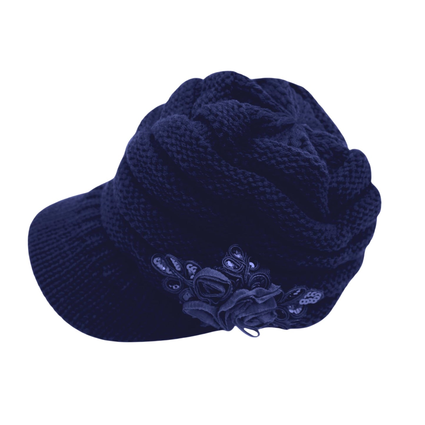 Caviotess C-US Women Winter Warm Knit Hat Crochet Visor Brim Cap with Flower Accent Dark Blue