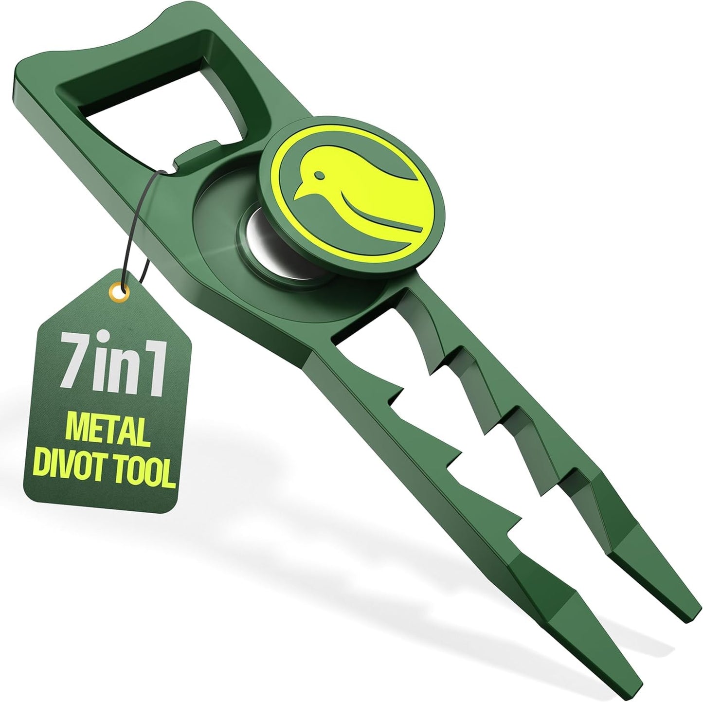 BirdieWorks 7-in-1 Metal Golf Divot Tool with Magnetic Ball Marker - Tee Height Setter, Bottle Opener, Groove Cleaner, Putting Alignment, Club Tee - Durable Green Accessory Gift for Men & Women