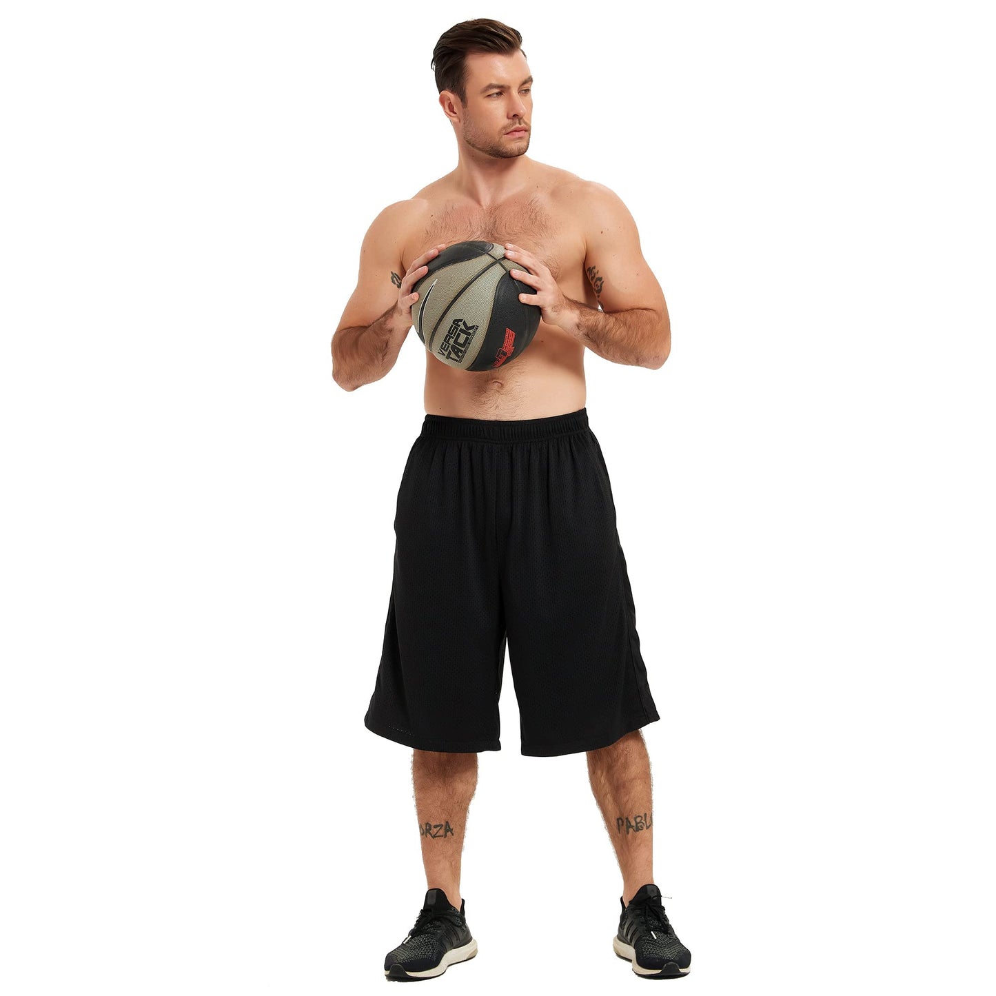 HQUEC Men's 12" Basketball Shorts Long Athletic Workout Gym Mesh Shorts Below Knee Loose-Fit with Pockets Black 2XL