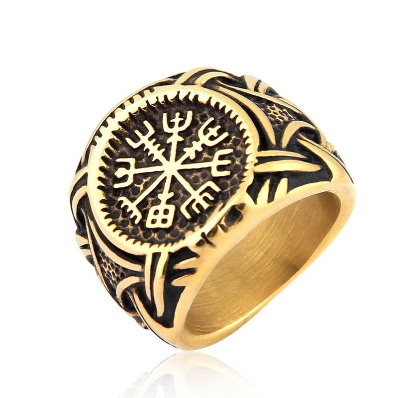 BaviPower Viking Vegvisir Norse Compass Ring Stainless Steel Goldtone Accessory Guardian Protection Amulet