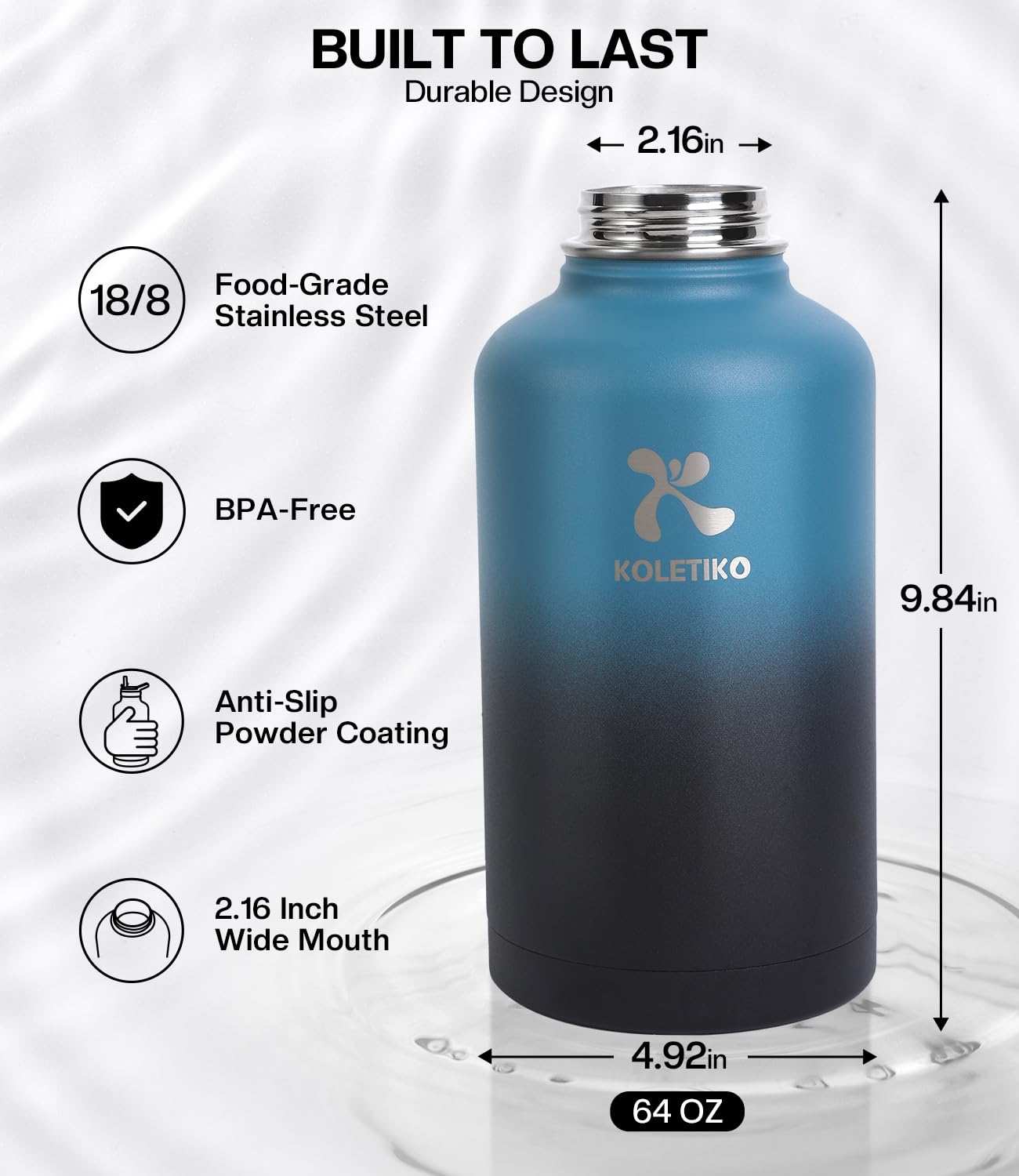 KOLETIKO Insulated Water Bottle 64 oz, Vacuum Stainless Steel Water Bottles Keep COLD 36 Hrs, Leak Proof Half Gallon Water Jug Flask with Paracord Handle, Straw & Spout Lid, BPA Free, Indigo Black