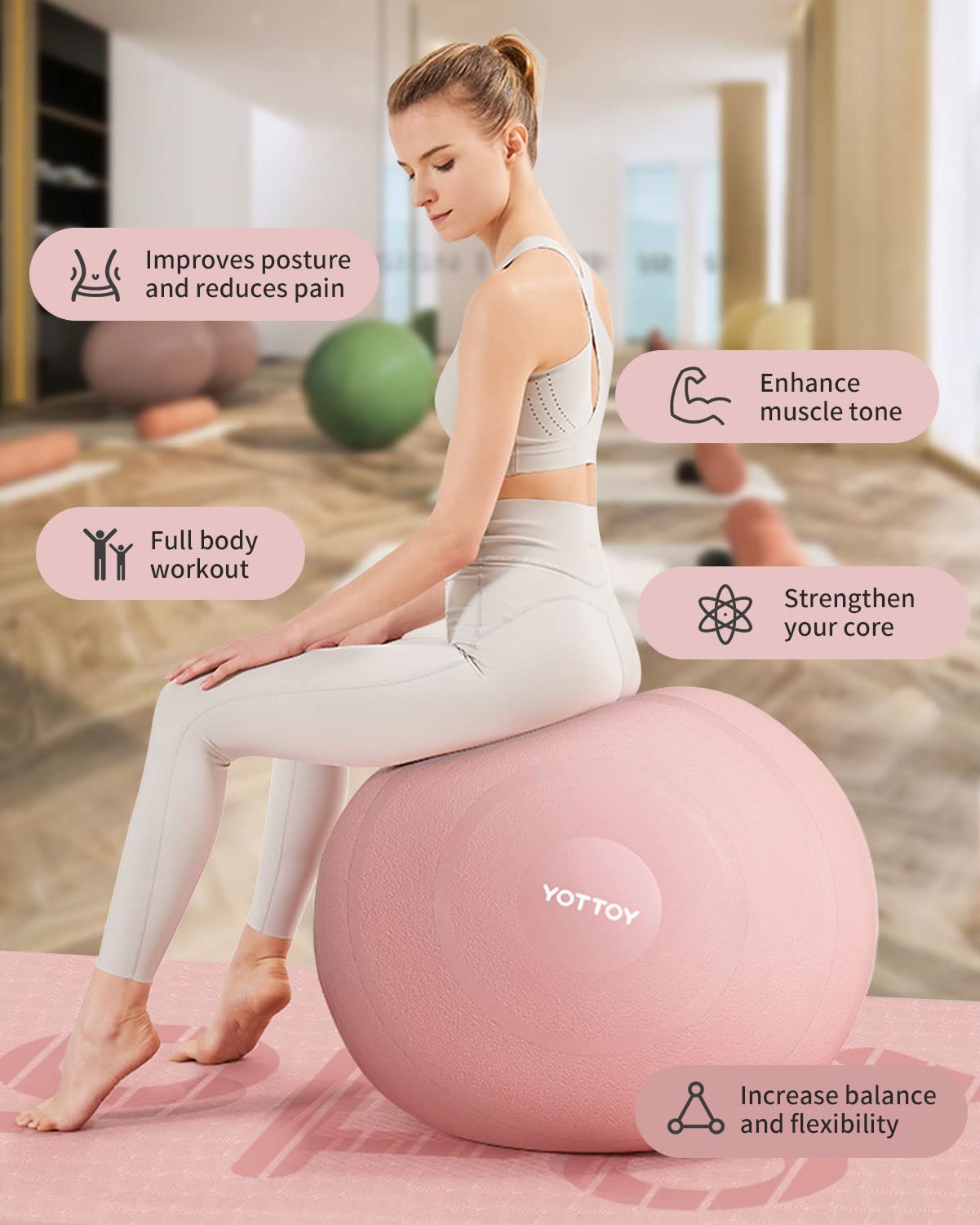 YOTTOY Anti-Burst Exercise Ball for Working Out, Yoga Ball for Pregnancy,Extra Thick Workout Ball for Physical Therapy,Stability Ball for Ball Chair Fitness with Pump (Pink)