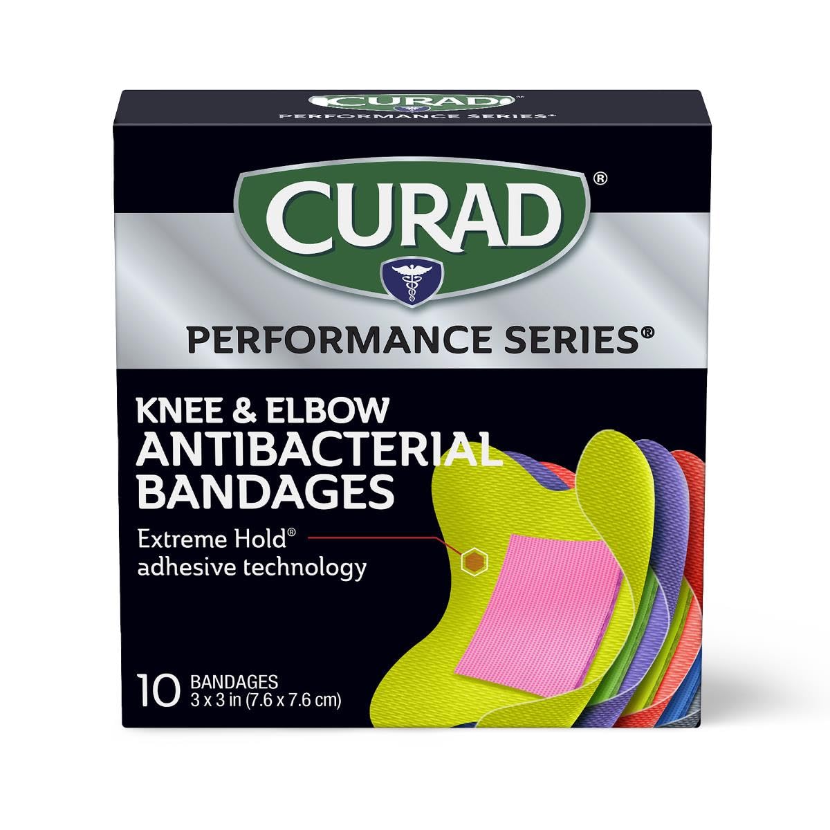 CURAD Performance Series Antibacterial Bandages, Elbows and Knees, 3" x 3", 30 Count