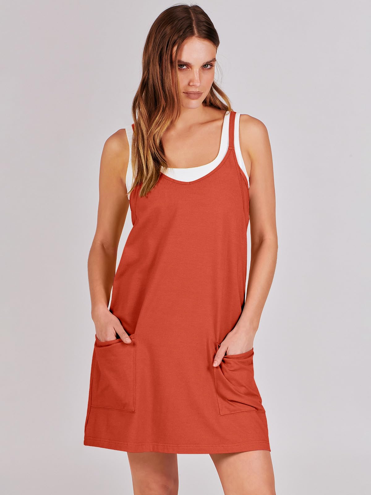 ANRABESS Women Athletic Dress Summer Tennis Workout Active Sports Mini Romper Dress Built in Shorts Travel Vacation Clothes Red X-Large