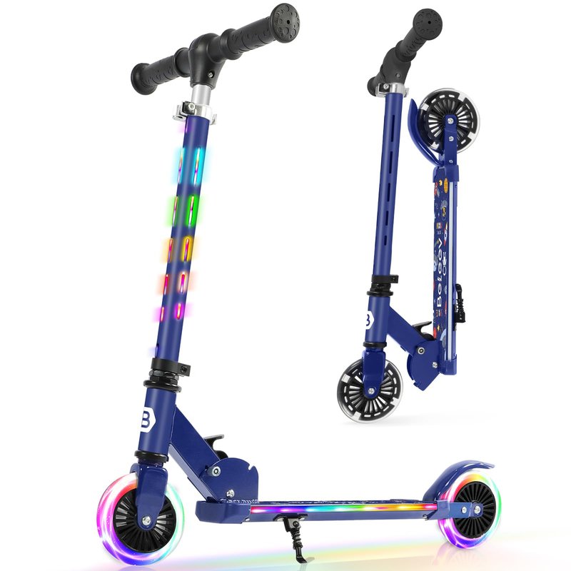 BELEEV Scooters for Kids with Light-Up Wheels & Stem & Deck, 2 Wheel Folding Scooter for Girls Boys, 4 Adjustable Height, Lightweight Kick Scooter with Kickstand for Children Ages 3-12 (Blue)