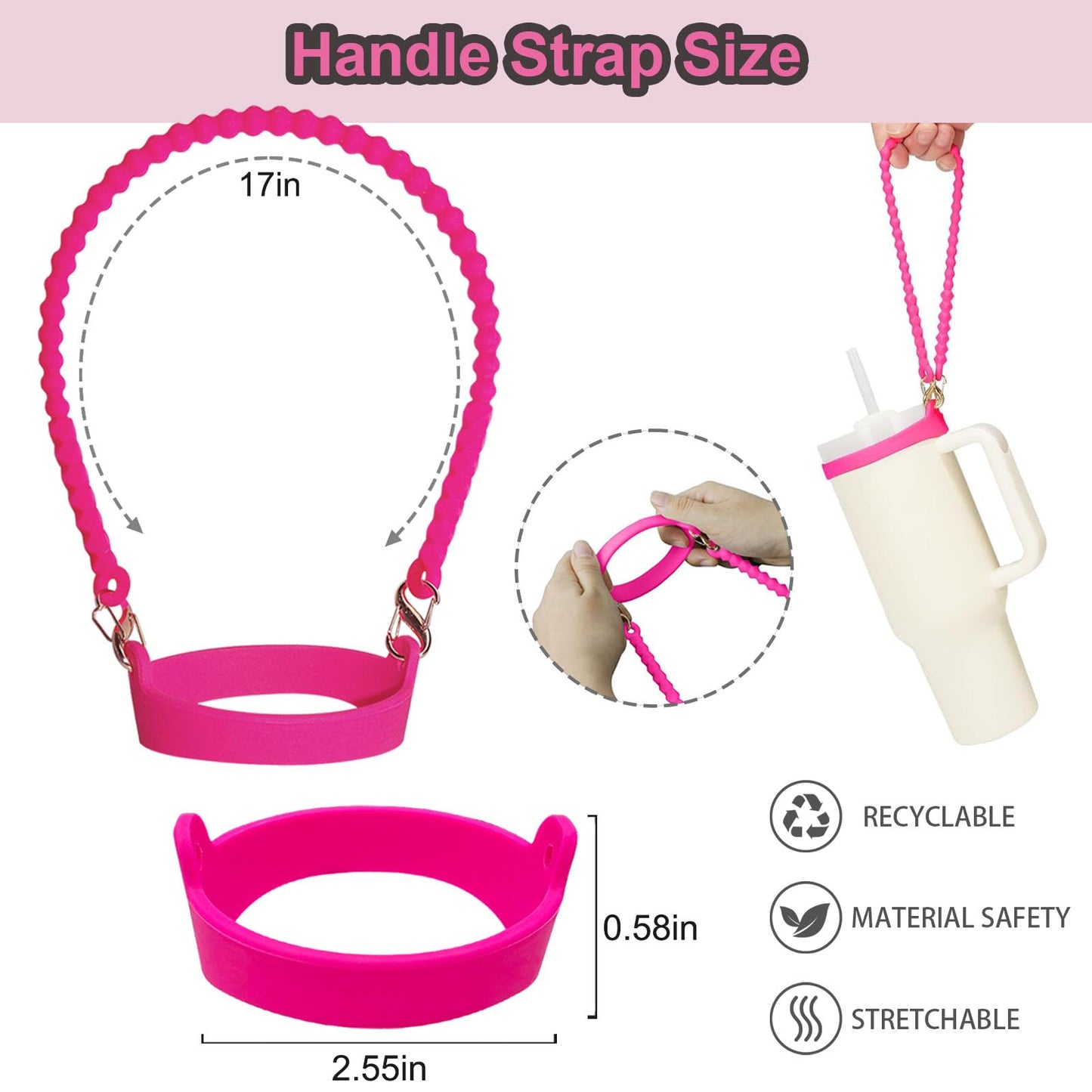 VirgoCCY 5PCS Stanley Cup Accessories Set 30&40 Oz, includes 1pcs 0.4in Straw Covers, 1 Water Bottle Handle Strap, 2 Cute Love Heart Chain Hanging Charms and 1 Silicone Boot, Hot Pink