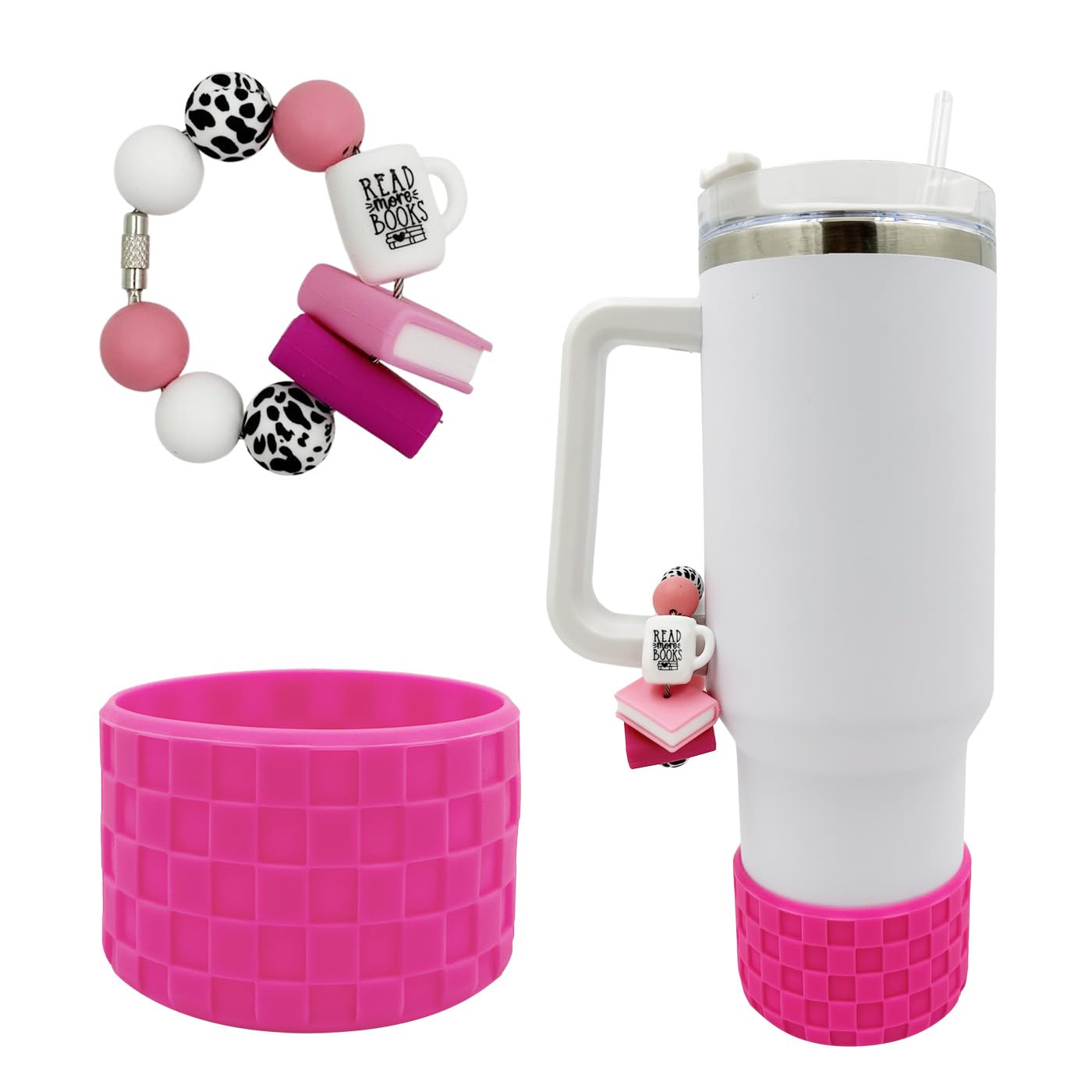 WAFOIRO Book Lover Tumbler Handle Decor Hot Pink Silicone Boot Teacher Tumbler Bottom Cover Cup Protector for 30oz&40oz Water Botter Accessories