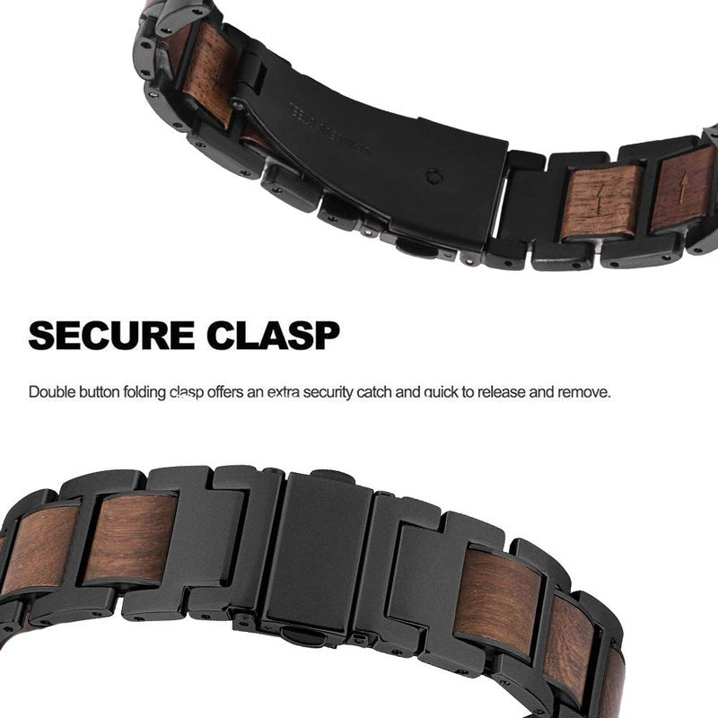 Ayeger Wood Band Compatible for Fitbit Charge 4/3 Bands,Sandalwood Stainless Steel Replacement Metal Watch Women Men Wristband Strap Blacelet (Black)