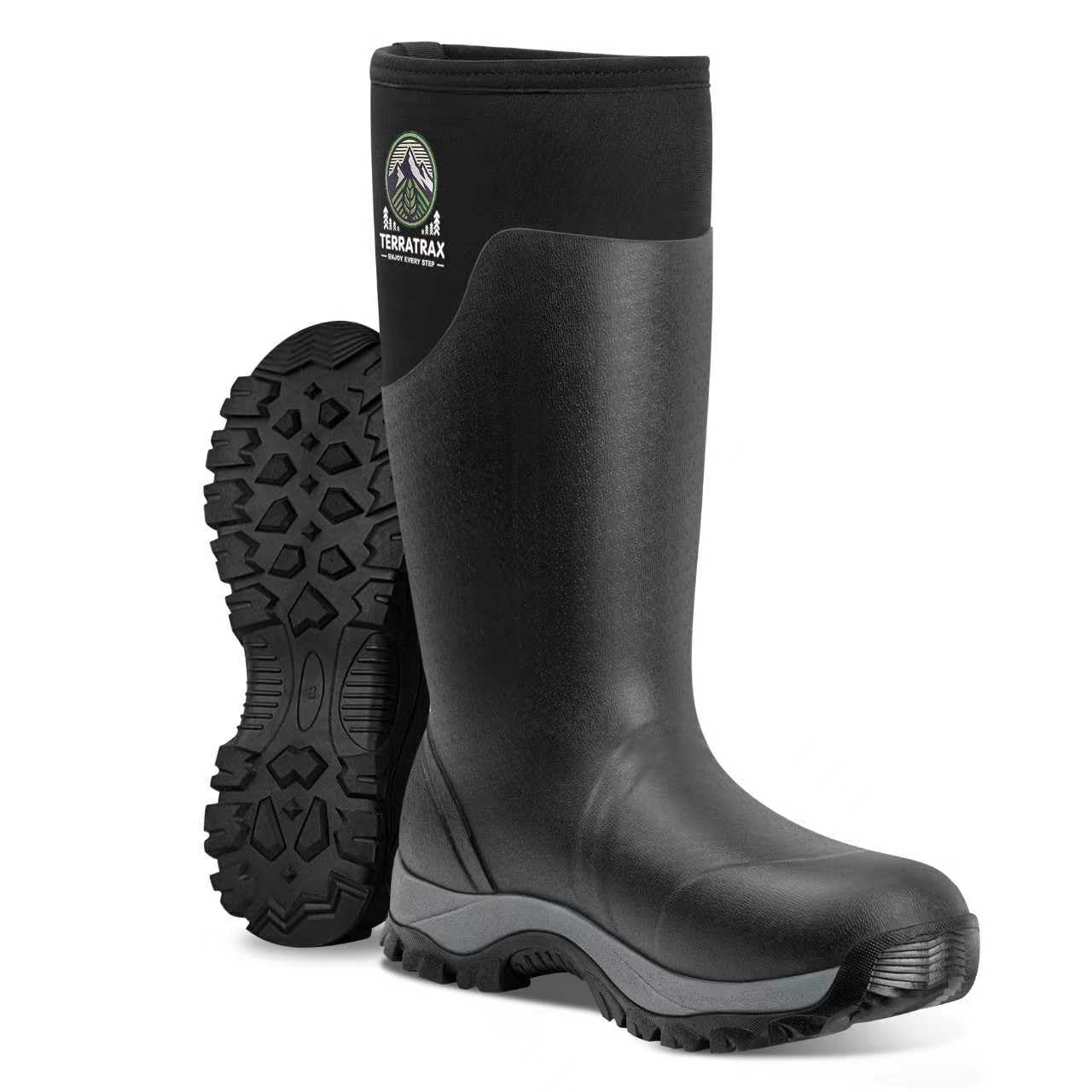 TerraTrax Men's Waterproof Insulated Rubber Hunting Boots – 6mm Neoprene Rain Boots for Outdoor Work, Fishing, Farming & Gardening Black Size 8