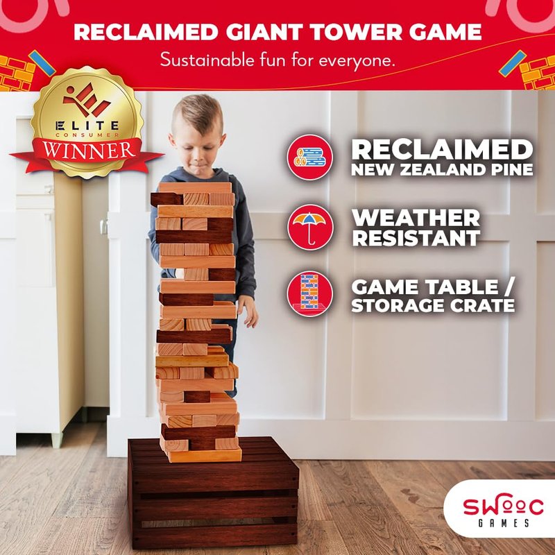 SWOOC Games - Reclaimed Giant Tower Game (Weather Resistant) 60 Blocks + Storage Crate/Outdoor Game Table | Stacks up to 5ft | Giant Outdoor Tower for Adults | Large Yard Activity | Jumbo Lawn Fun