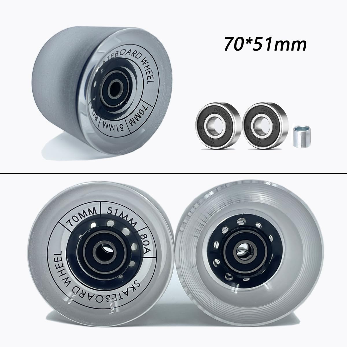 LOOEEL 70mm Longboard Wheels 80A Contains ABEC-9 Bearings and Spacers,Skateboard Riser Pads,Skateboard Hardware Screws Bolts,fit for Your Longboard Skateboards.-Transparent Frosted