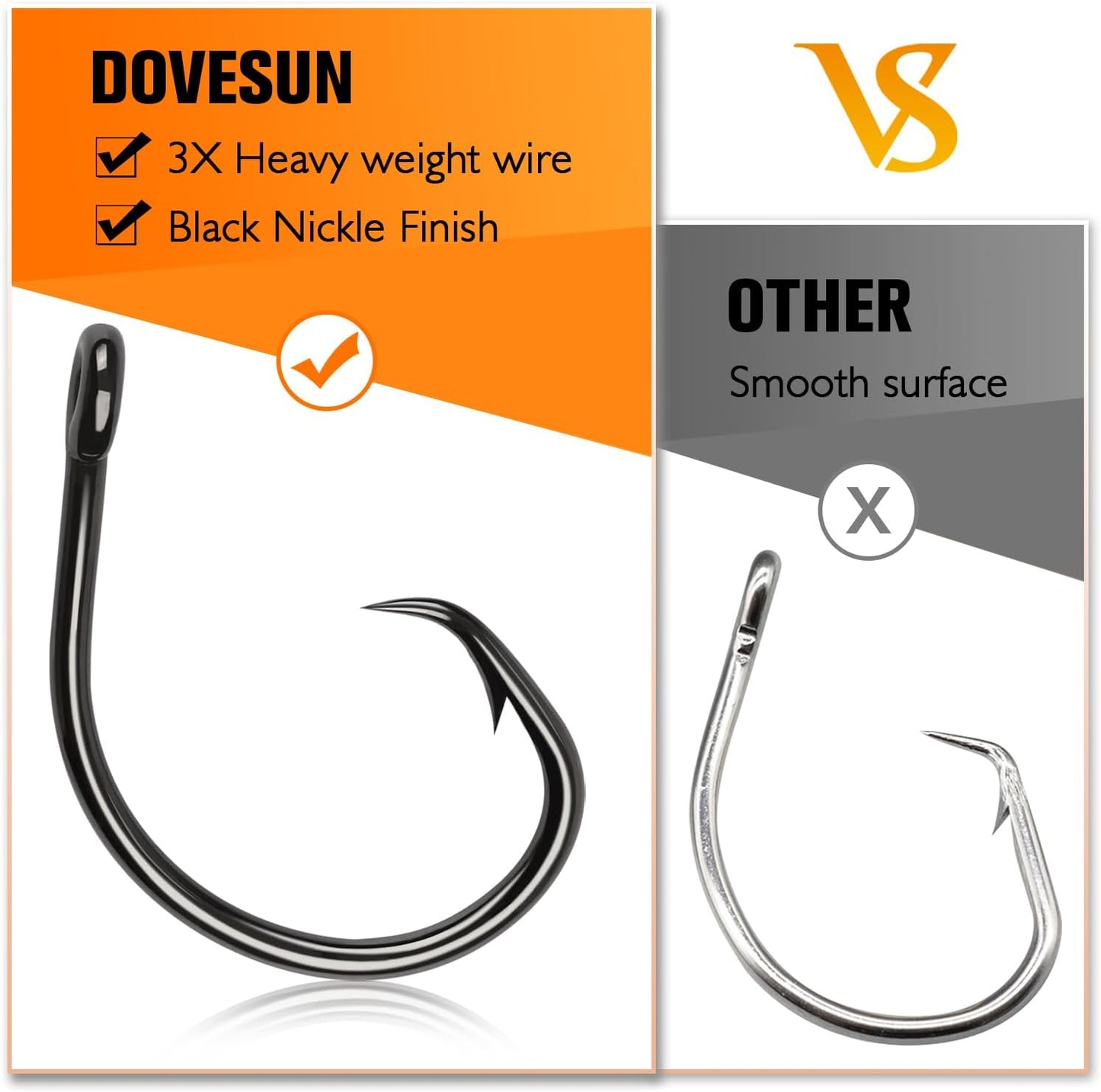 Dovesun Circle Fishing Hooks - 3X Strong Saltwater Hooks for Catfish, Striper, Bass | Sizes 3/0 to 12/0
