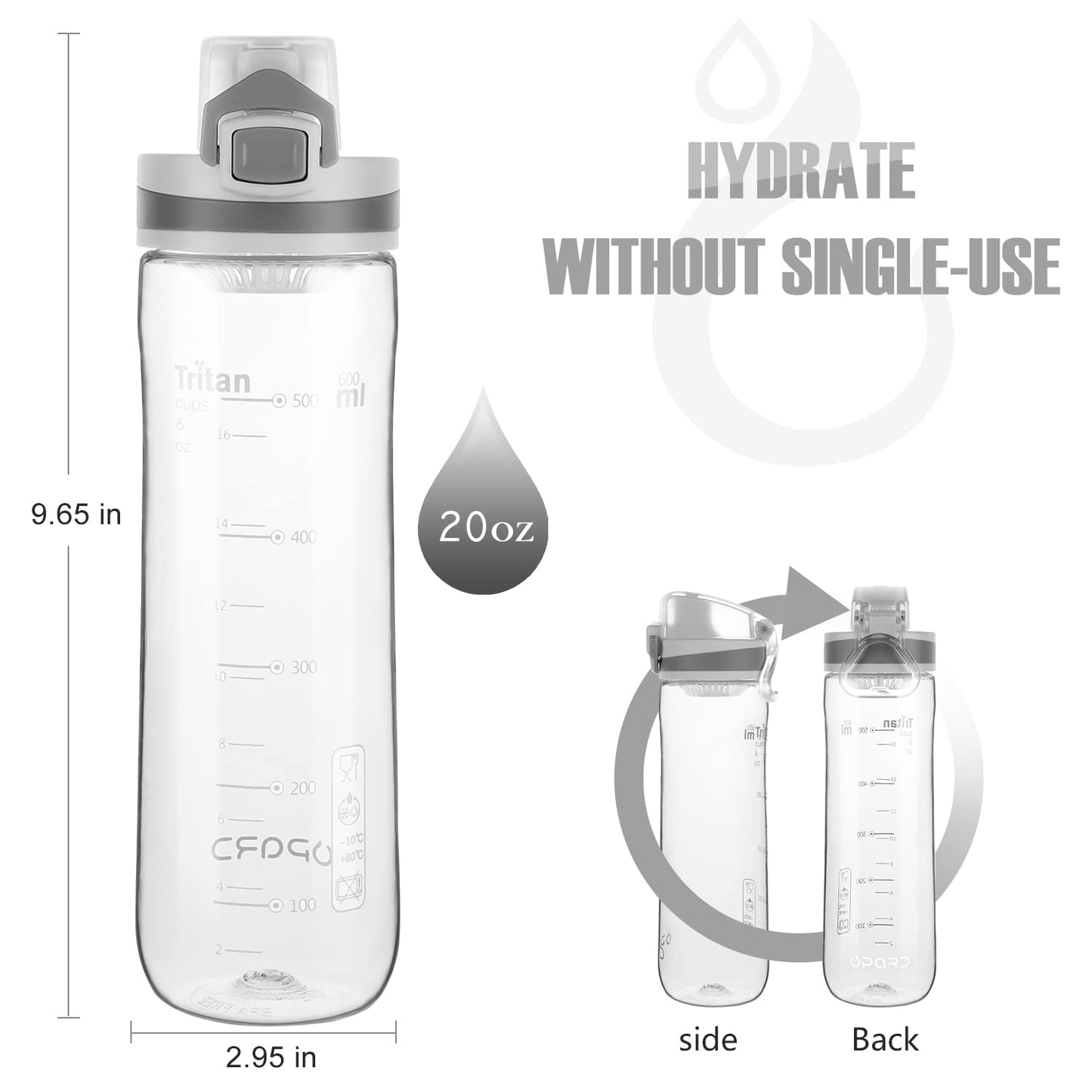 Opard Peak Water Bottle 20 Oz BPA Free Tritan Plastic Leak Proof Flip Top for School Kids Sports Gym Yoga Camping (Crystal Clear)